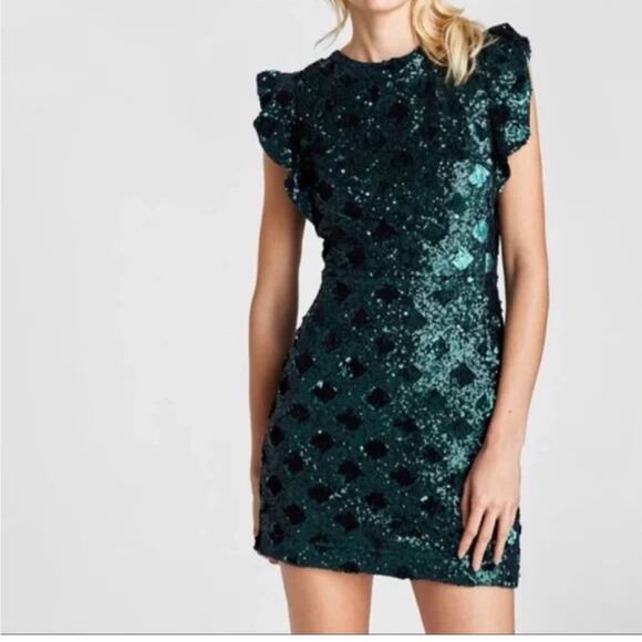 Zara Green Sequined Ruffled Sleeve Mini Dress Blogger Favorite XS - Picture 1 of 11